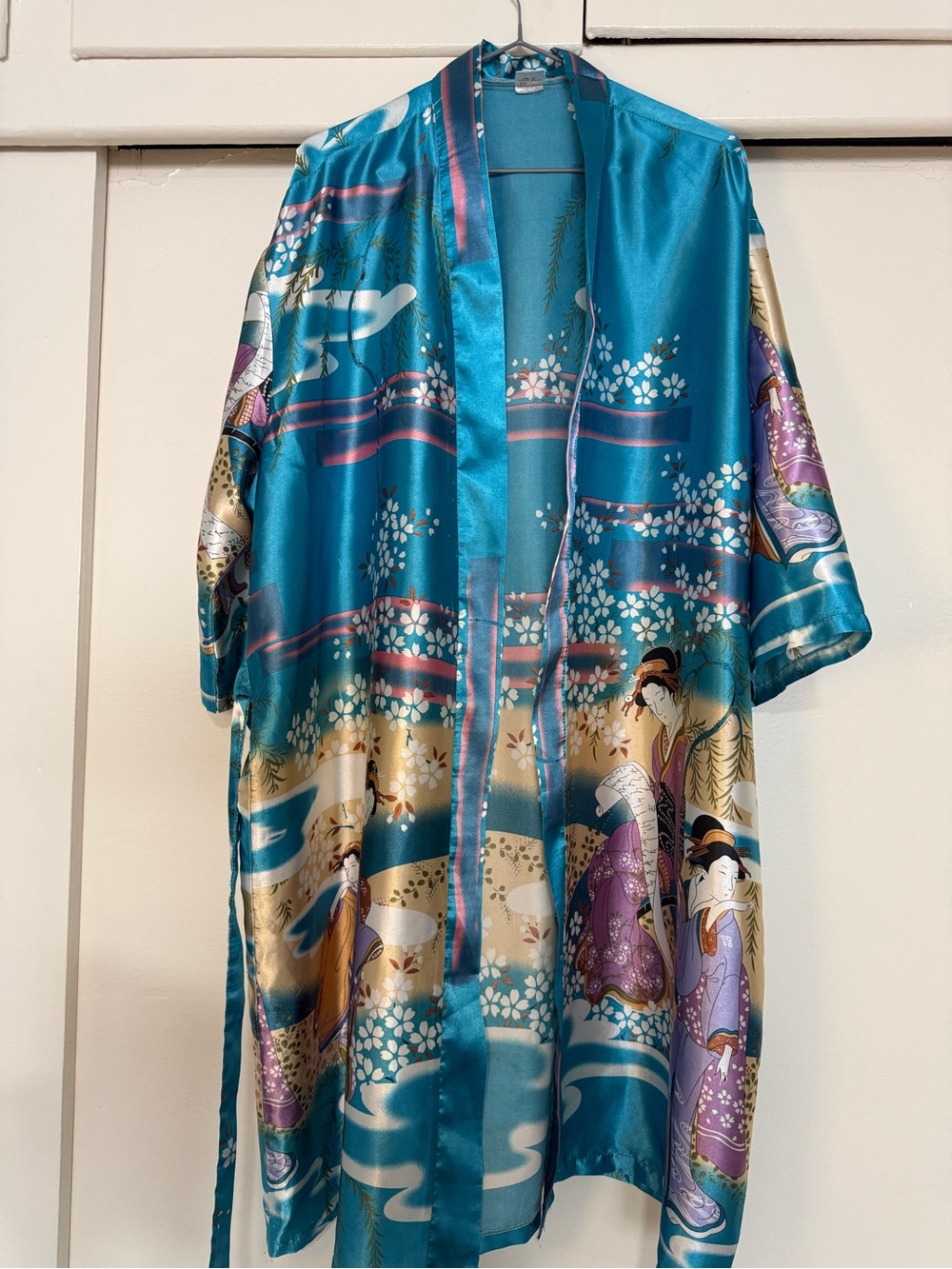 Teal Silk Japanese-Inspired Kimono Robe with Floral & Geisha Print